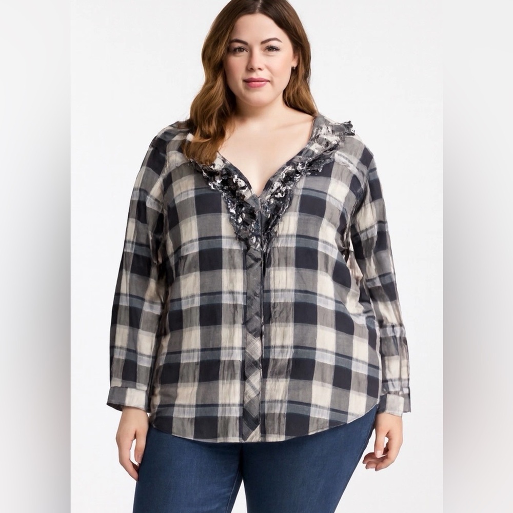 Covington Woman Plaid Ruffle Blouse Grey White Size 20/22W Country Western‎